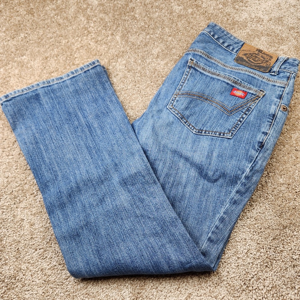 Dickies‎ Womens Slim Fit Bootcut Jeans Medium Wash Blue Low Rise Size 9P 32x30